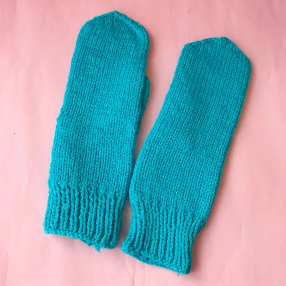 New turquoise hand knitted wool mittens